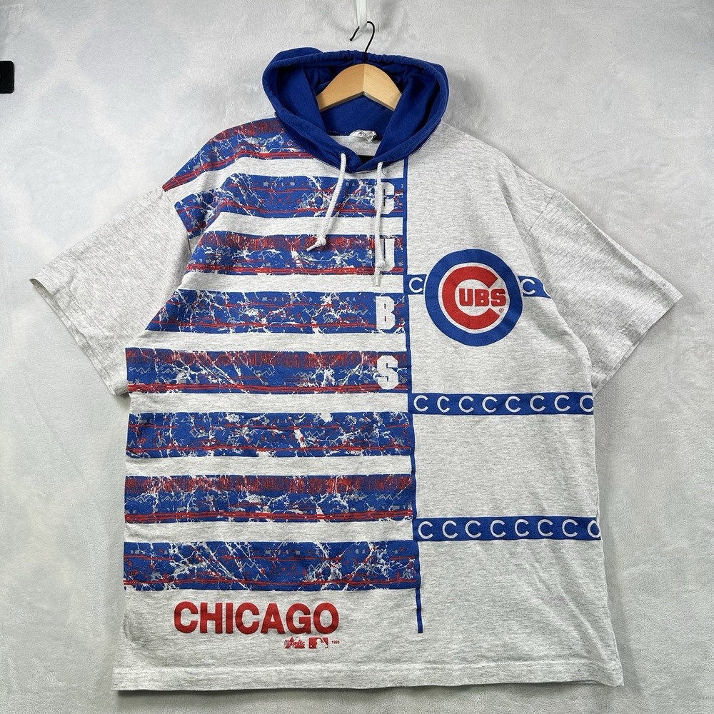 Vintage Chicago Cubs TShirt With Hood Mens XL Gray Blue Baseball